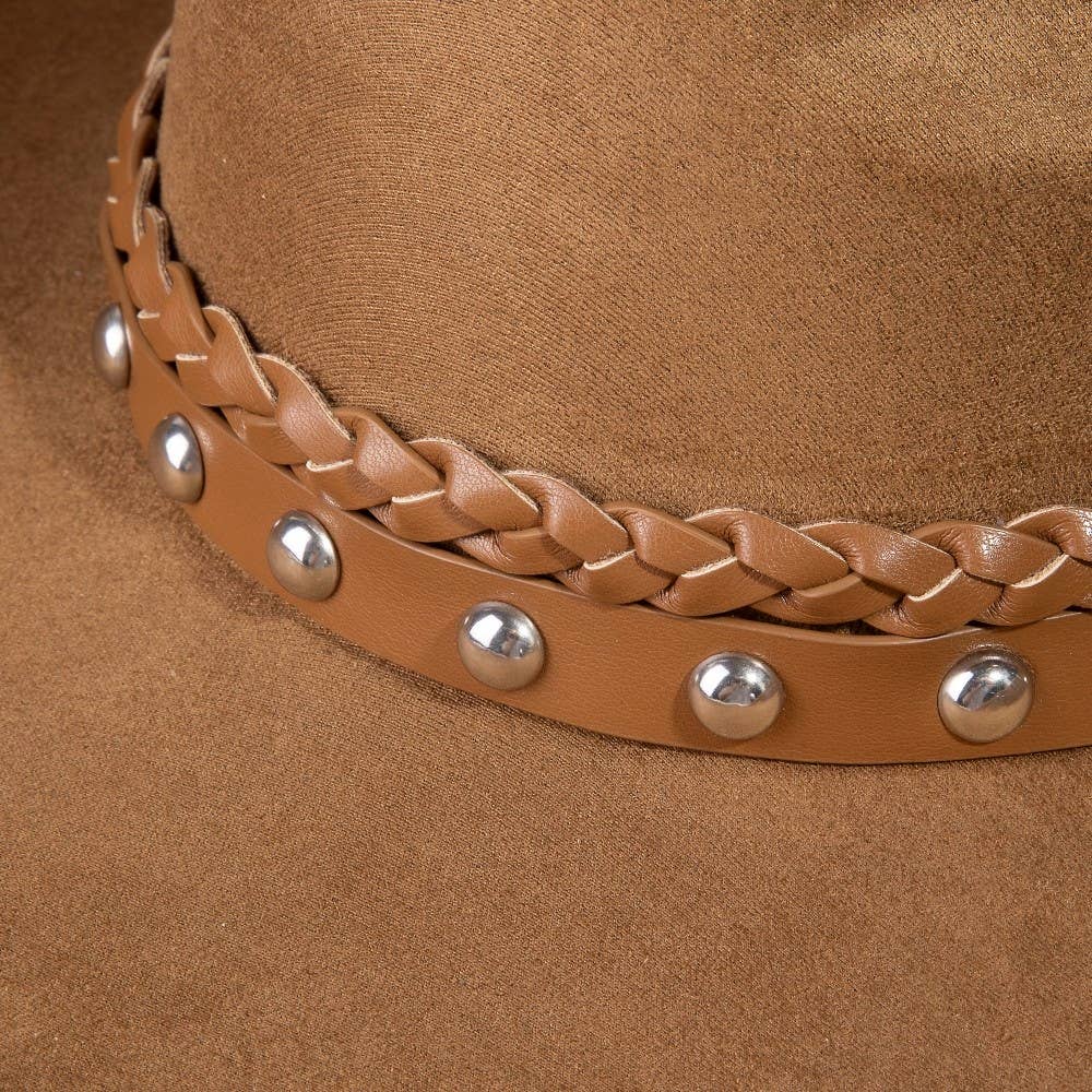 Braided And Studded Strap Suede Cowboy Hat