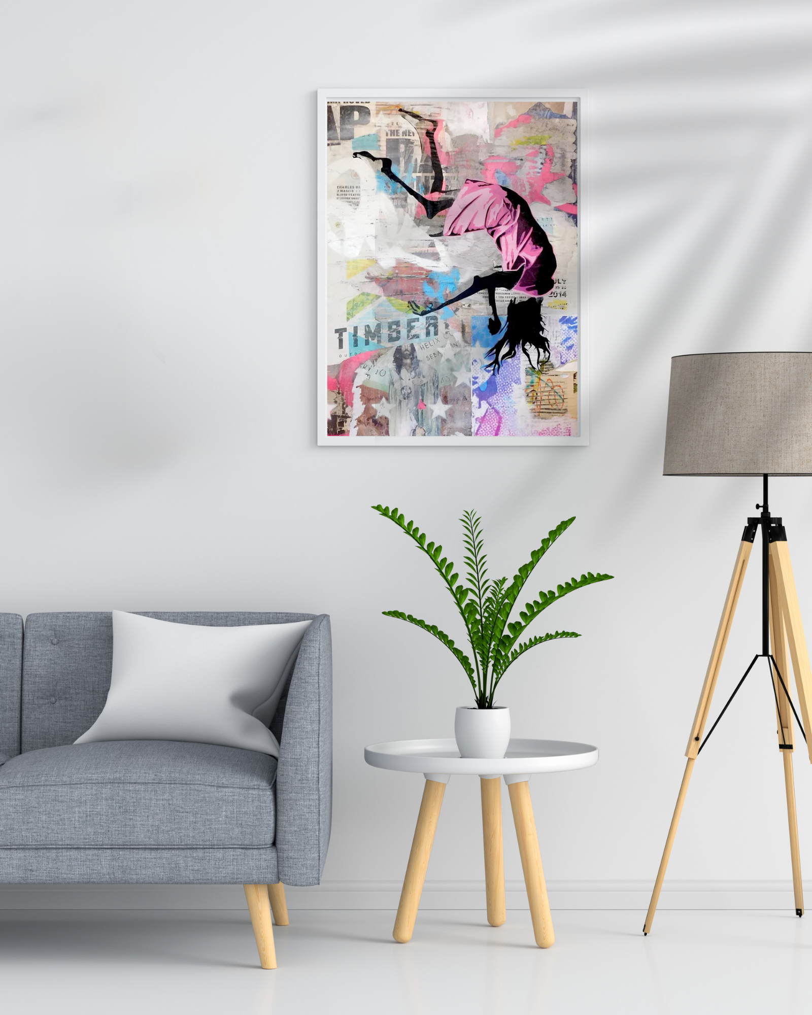 Float 4 is a dynamic 11x17 art print blending street art and surrealism. A bold black silhouette in a vibrant pink dress floats against a textured urban backdrop. Perfect for adding movement and creative energy to modern spaces. Pair with a Pink Princess Philodendron for a striking contrast.