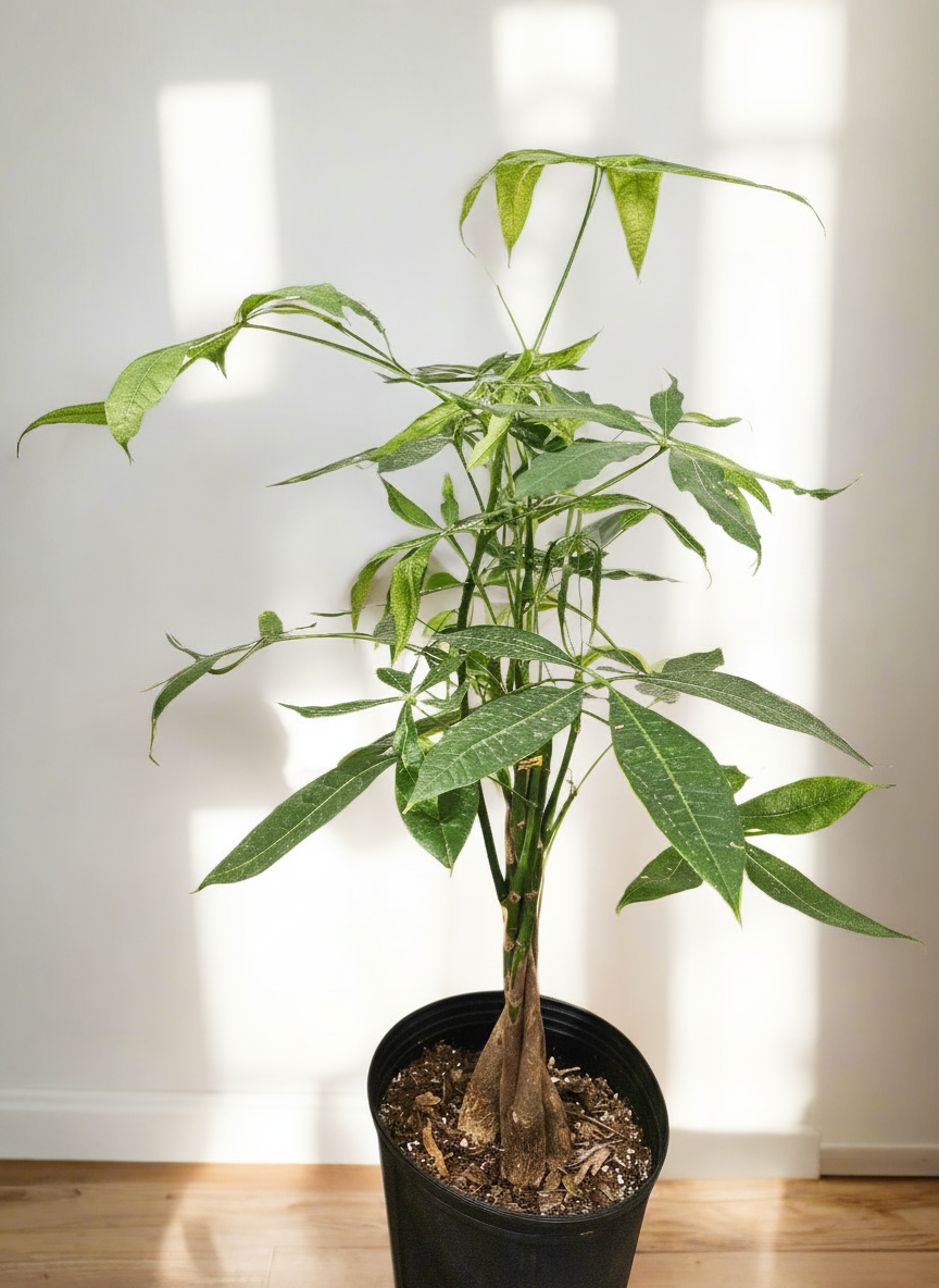 The Money Tree (Pachira aquatica) is a stunning non-toxic houseplant with a braided trunk and lush green leaves, symbolizing luck and prosperity. Perfect for beginners, it thrives in bright, indirect light with minimal care. A stylish, pet-friendly addition that brings positivity and elegance to any home or office.