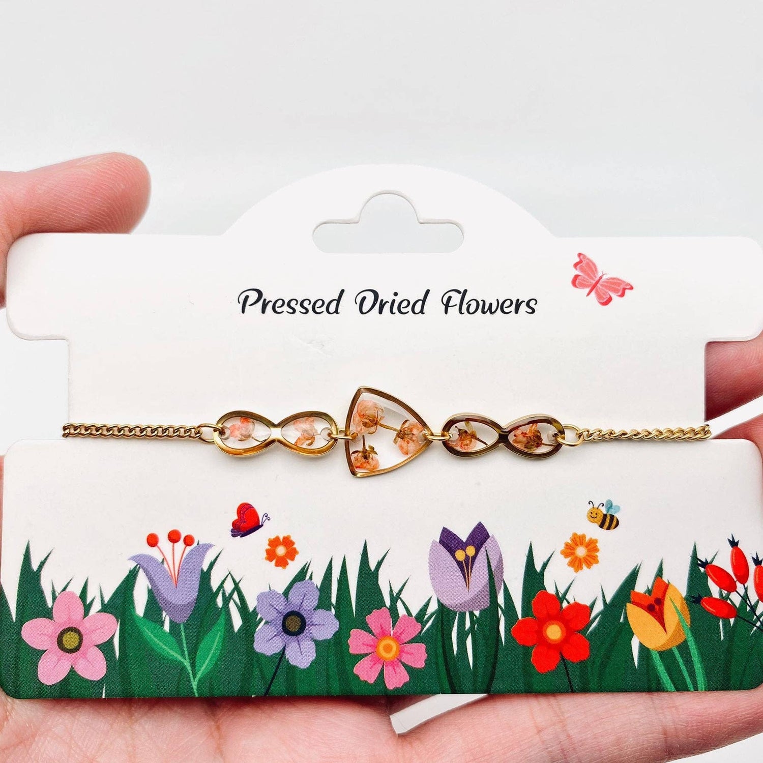 Floral Geometric Charm Bracelet with Real Dried Flowers