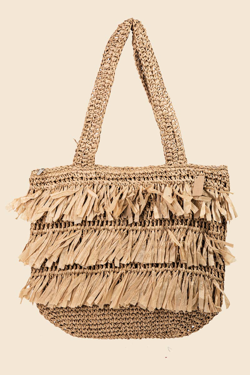 Straw Braided Raffia Fringe Tote Bag