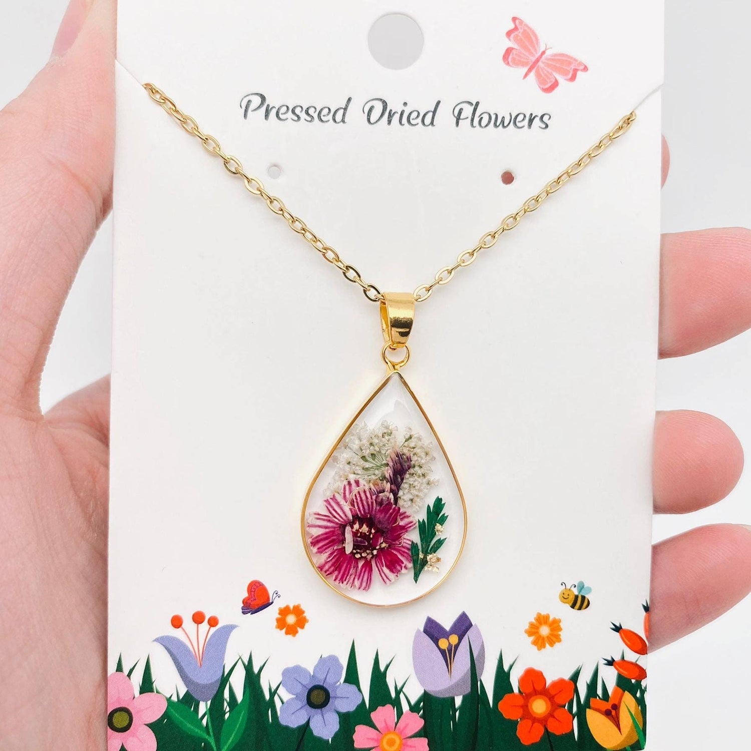 Genuine Pressed Dried Flower Floral Gold Teardrop Charm Necklace