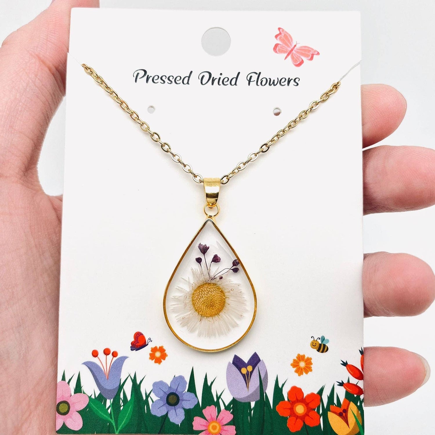 Genuine Pressed Dried Flower Floral Gold Teardrop Charm Necklace