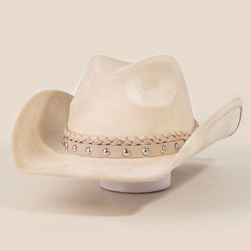 Braided And Studded Strap Suede Cowboy Hat