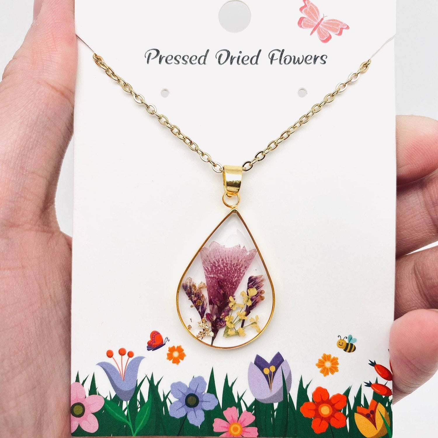 Genuine Pressed Dried Flower Floral Gold Teardrop Charm Necklace