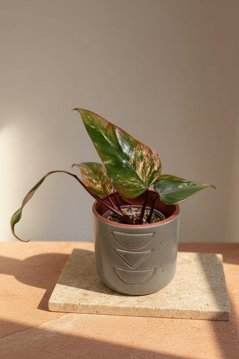 Philodendron Strawberry Shake stuns with pink, cream, and green variegation. A rare gem, it thrives in bright, indirect light—perfect for plant collectors