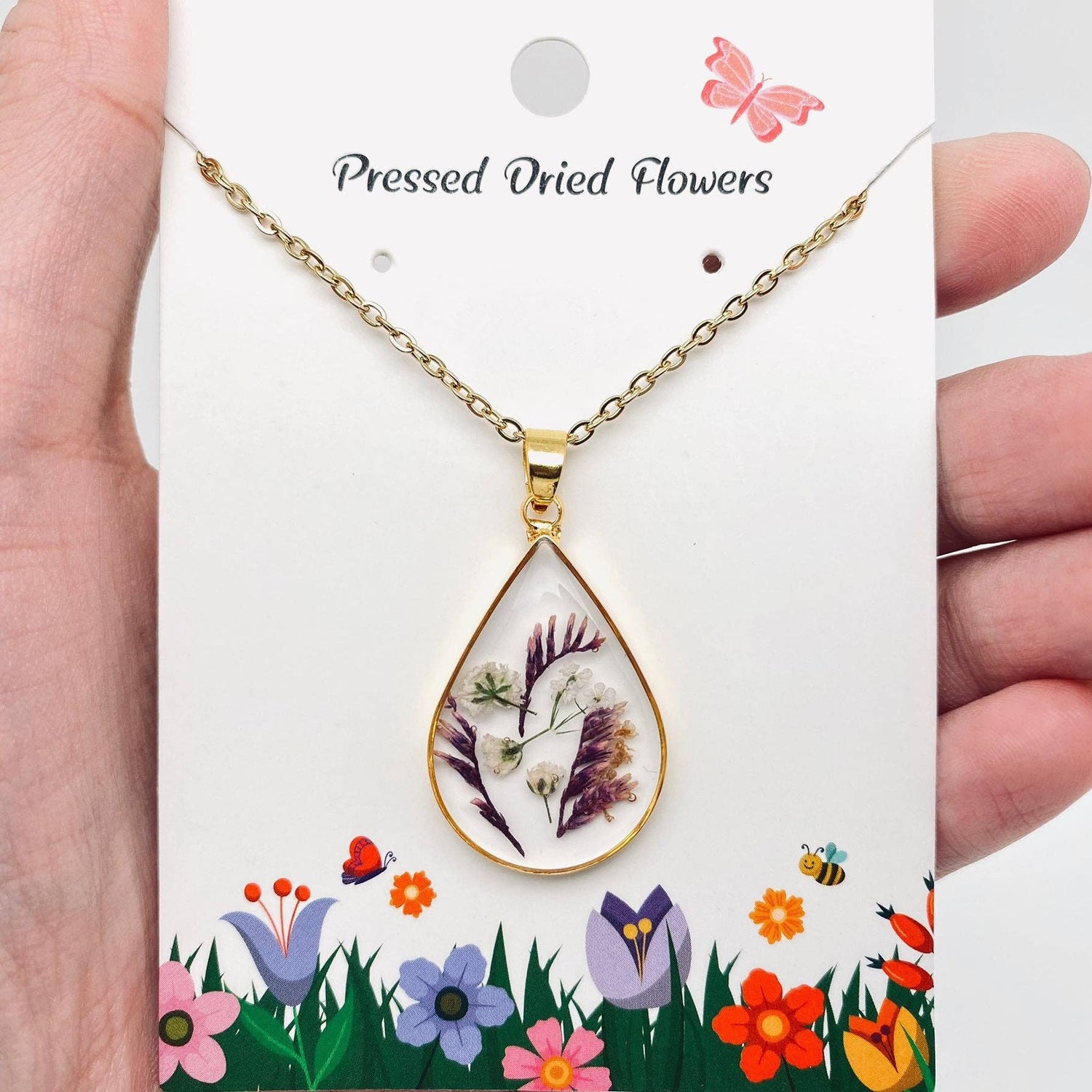 Genuine Pressed Dried Flower Floral Gold Teardrop Charm Necklace