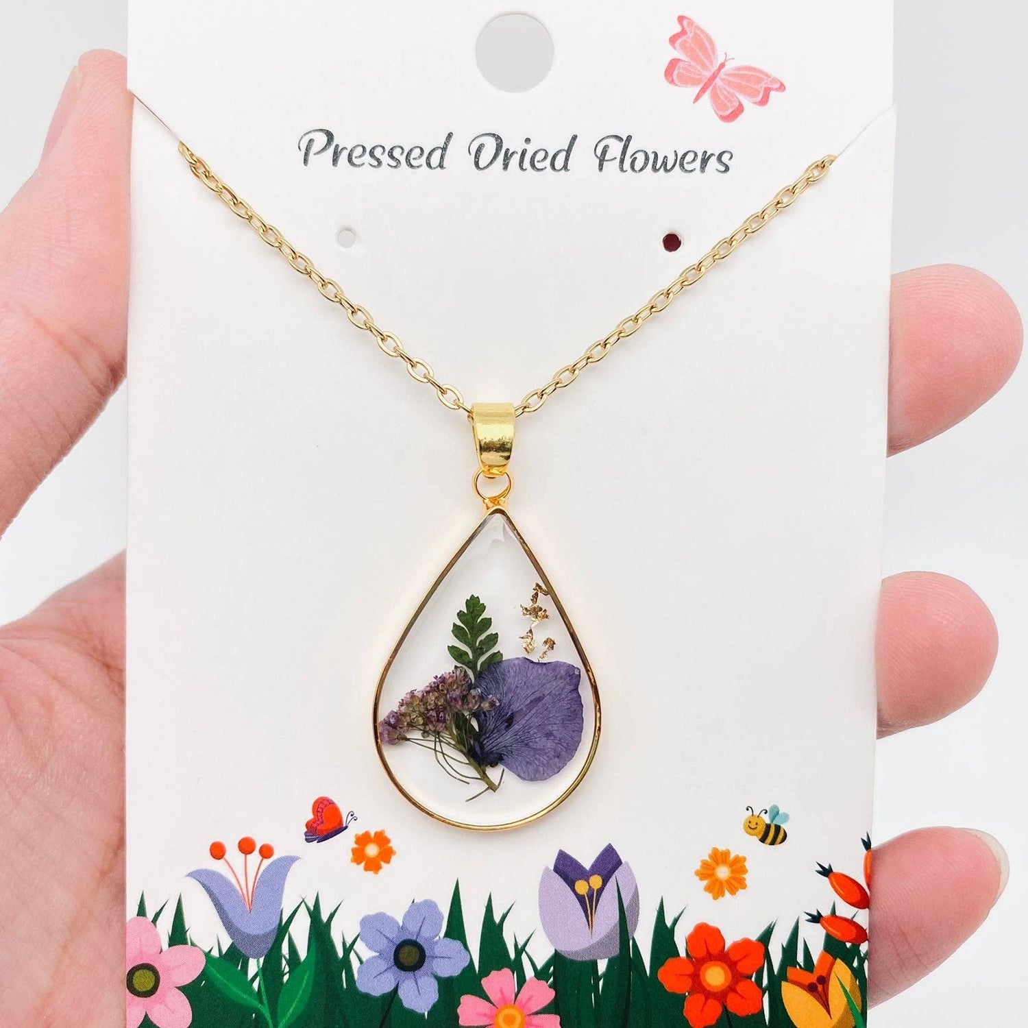 Genuine Pressed Dried Flower Floral Gold Teardrop Charm Necklace
