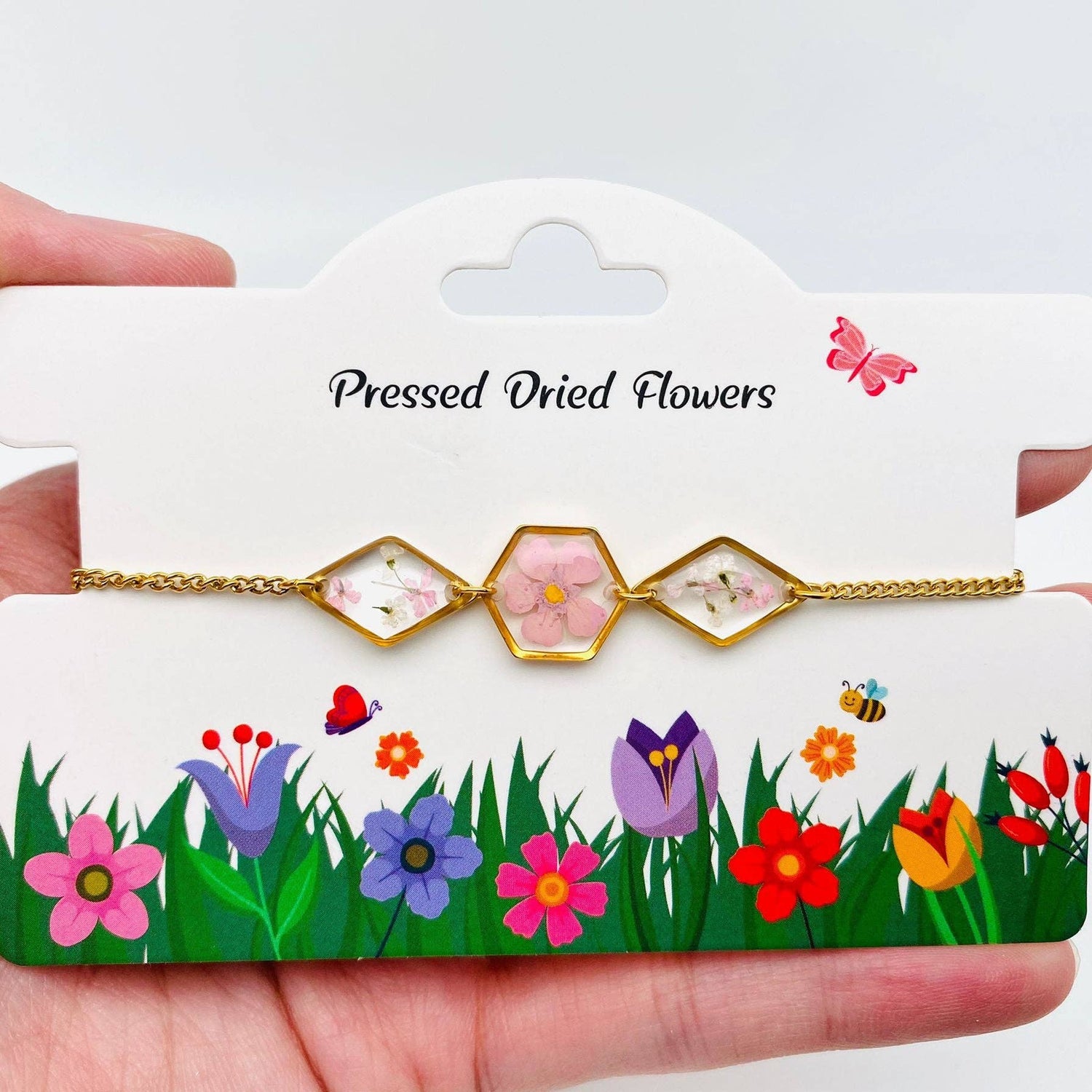 Floral Geometric Charm Bracelet with Real Dried Flowers
