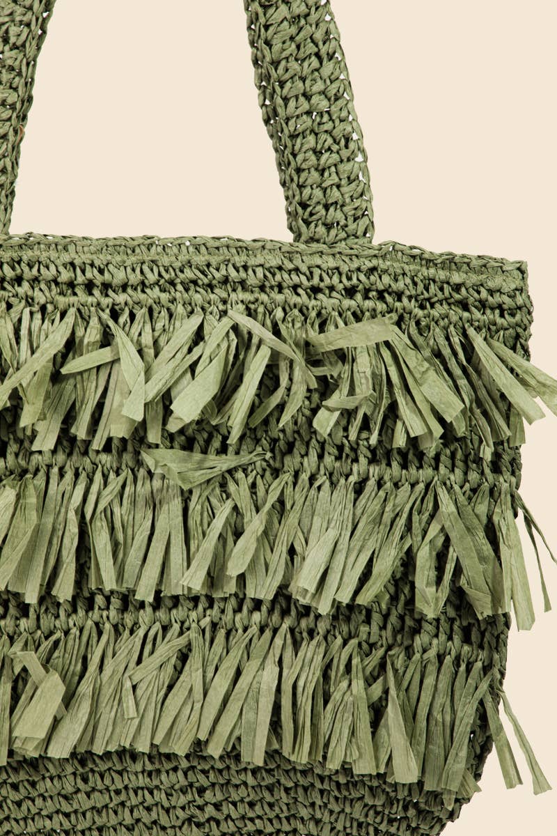 Straw Braided Raffia Fringe Tote Bag
