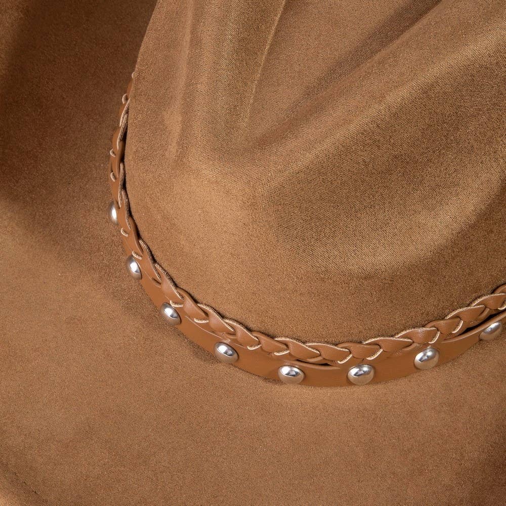 Braided And Studded Strap Suede Cowboy Hat