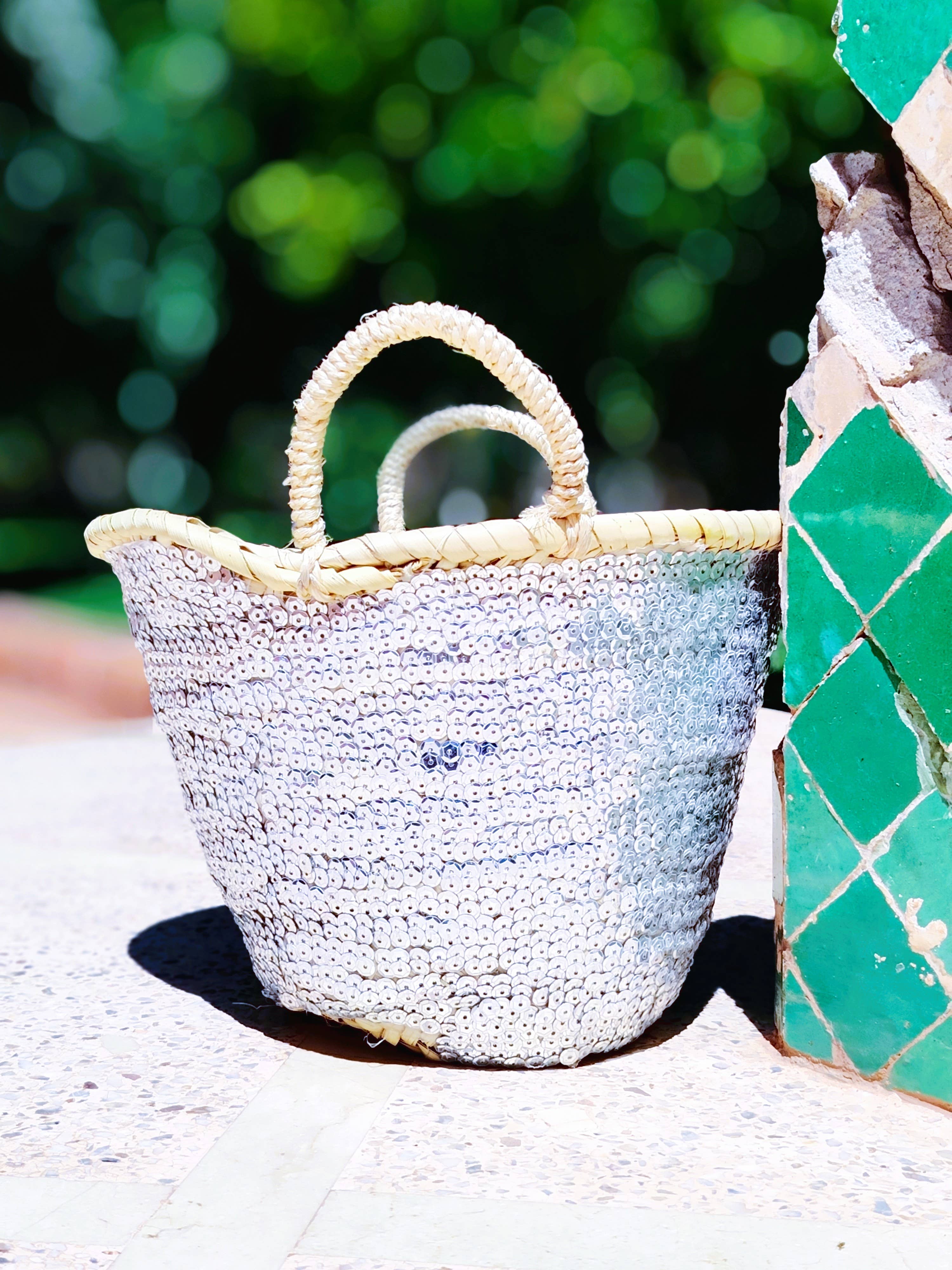 Twins Basket - Handwoven Straw Tote Basket – Gold Sequin Embellished