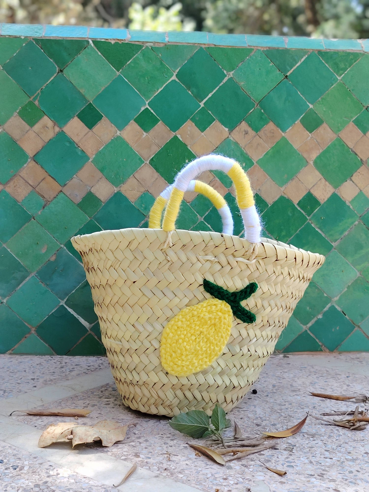Handmade Lemon Embroidered Handbag, Market Tote or Beach Bag