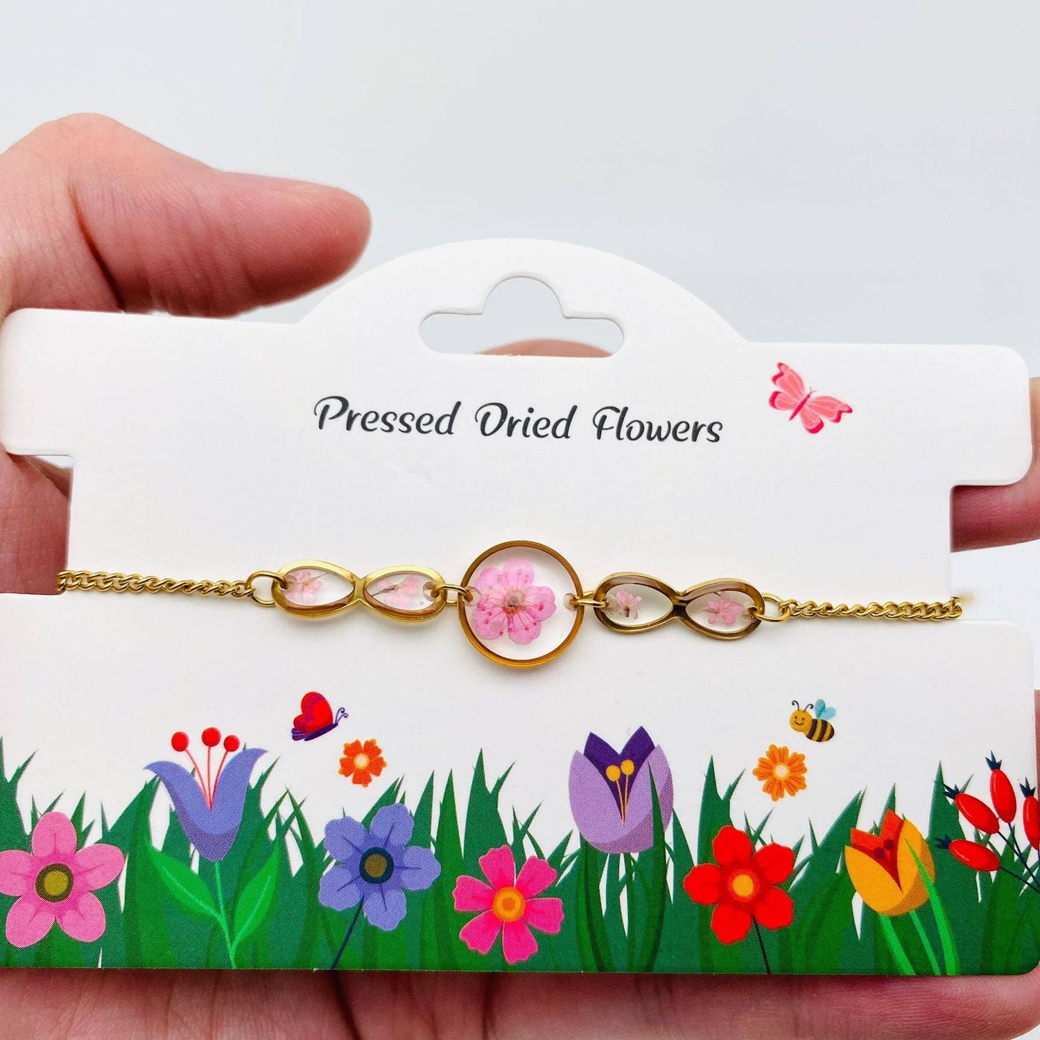 Floral Geometric Charm Bracelet with Real Dried Flowers