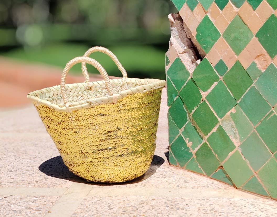 Twins Basket - Handwoven Straw Tote Basket – Gold Sequin Embellished