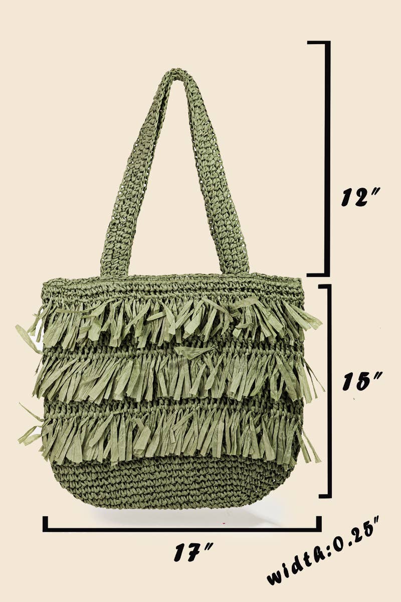 Straw Braided Raffia Fringe Tote Bag