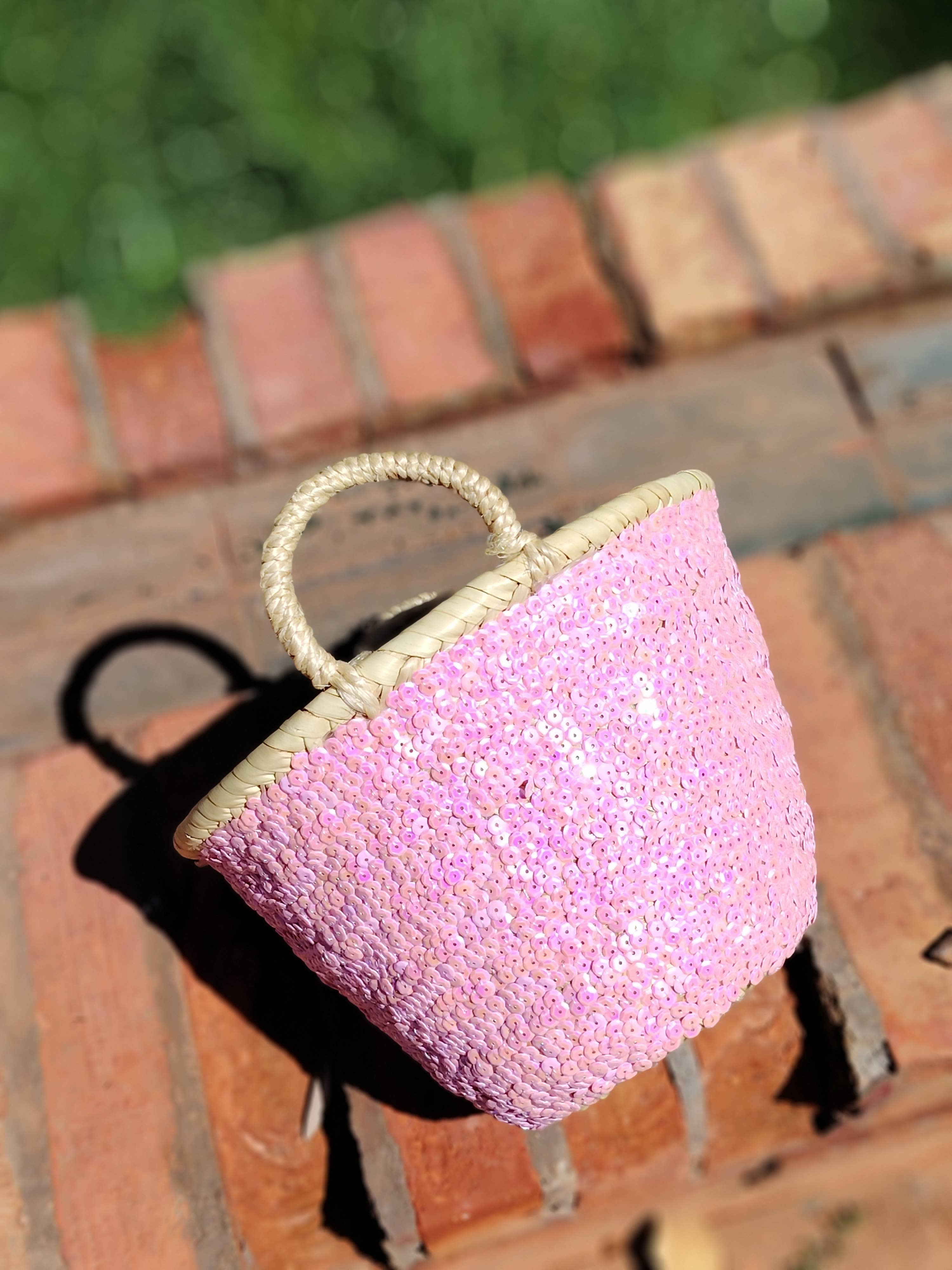 Twins Basket - Handwoven Straw Tote Basket – Gold Sequin Embellished