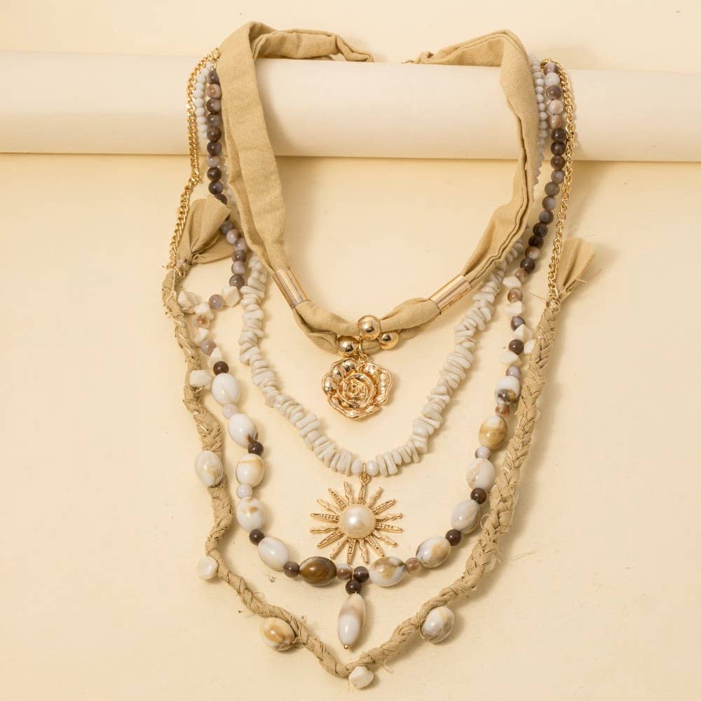 Boho Layered Fabric Chain and Beads Necklace