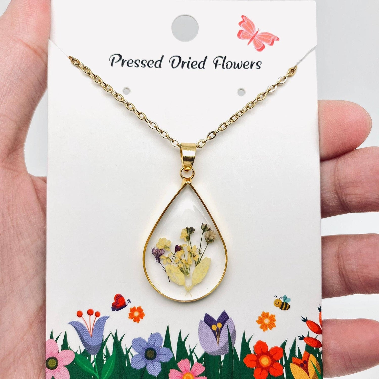 Genuine Pressed Dried Flower Floral Gold Teardrop Charm Necklace