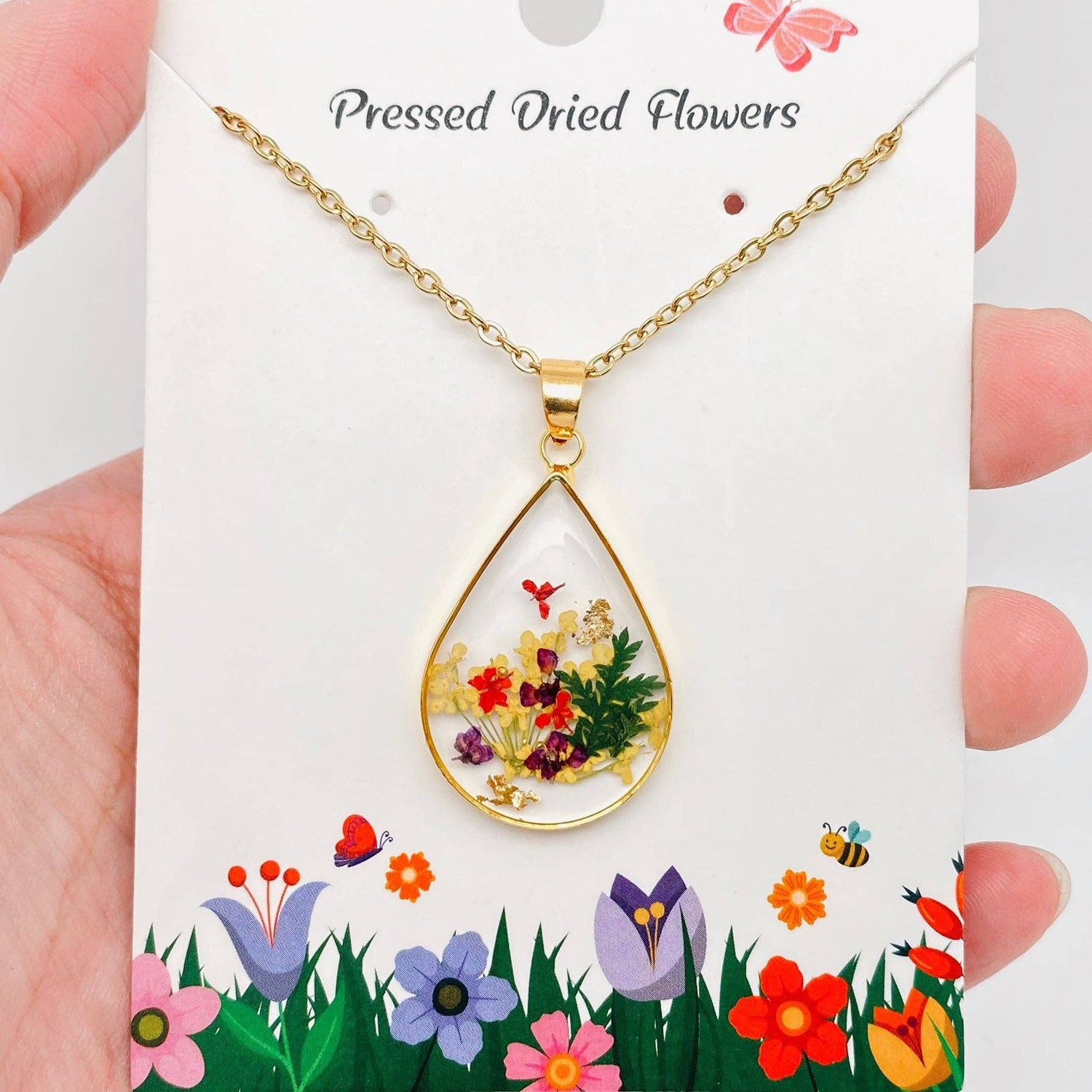 Genuine Pressed Dried Flower Floral Gold Teardrop Charm Necklace