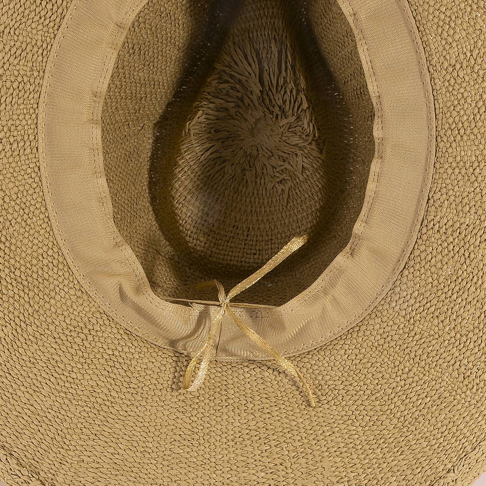 Braided cord band cowboy hat featuring woven paper straw texture and soft curved brim. Lightweight boho western style perfect for beach days, festivals, and summer outfits.