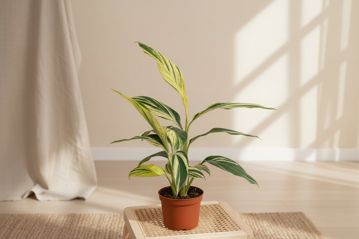 Alpinia zerumbet ‘Variegata’ produces elegant shell-like white flowers with pink and yellow accents, adding rare tropical beauty to mature plants.