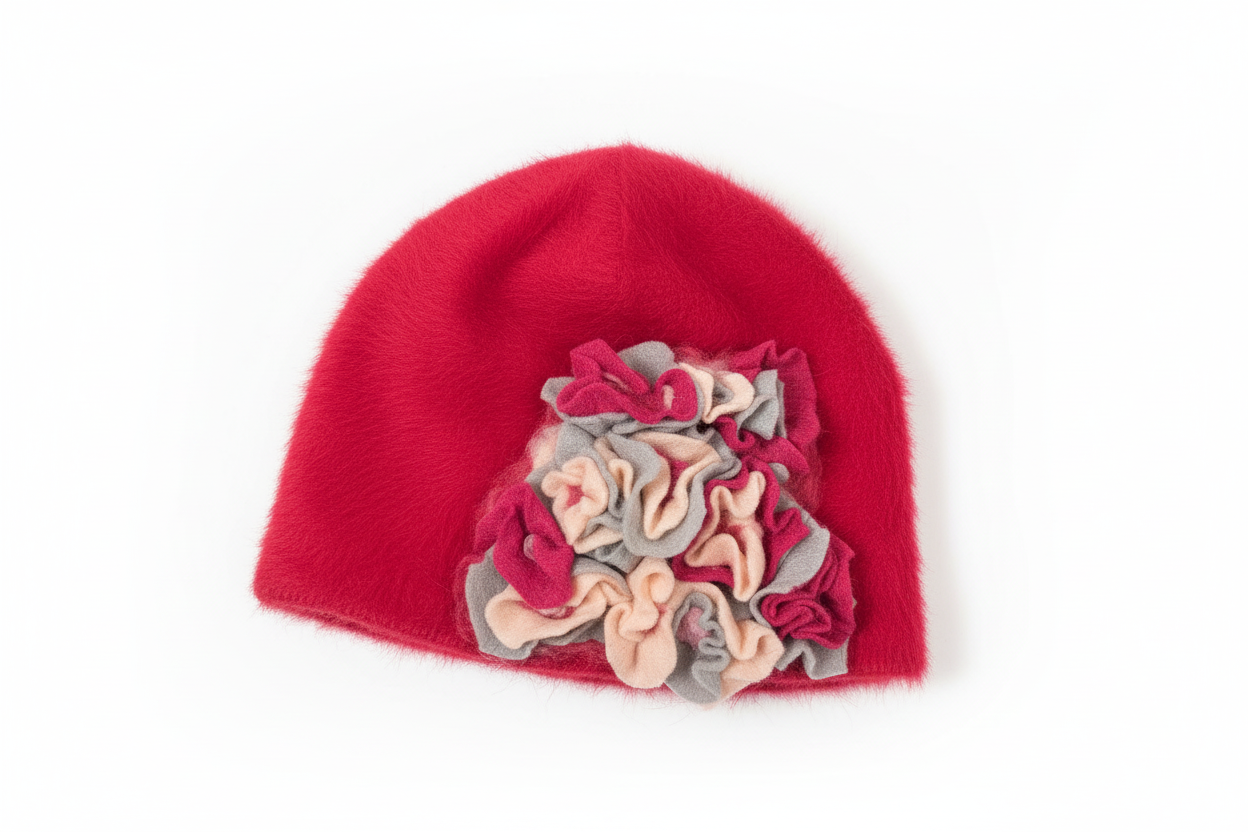 Hot pink hand-felted angora hat with sculptural ruffle detail. Cozy, lightweight, and one of a kind. Made with angora blend. Hand wash only.