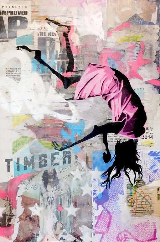 Float 4 is a dynamic 11x17 art print blending street art and surrealism. A bold black silhouette in a vibrant pink dress floats against a textured urban backdrop. Perfect for adding movement and creative energy to modern spaces. Pair with a Pink Princess Philodendron for a striking contrast.