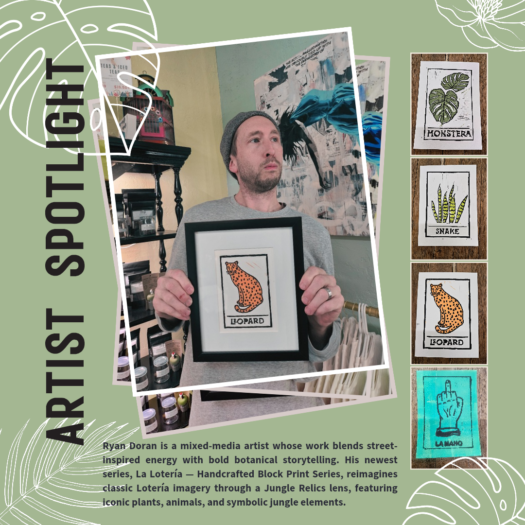 La Lotería — Handcrafted Block Print Series by Ryan Doran blends folklore, jungle symbolism, and bold street-art energy in hand-carved botanical prints.