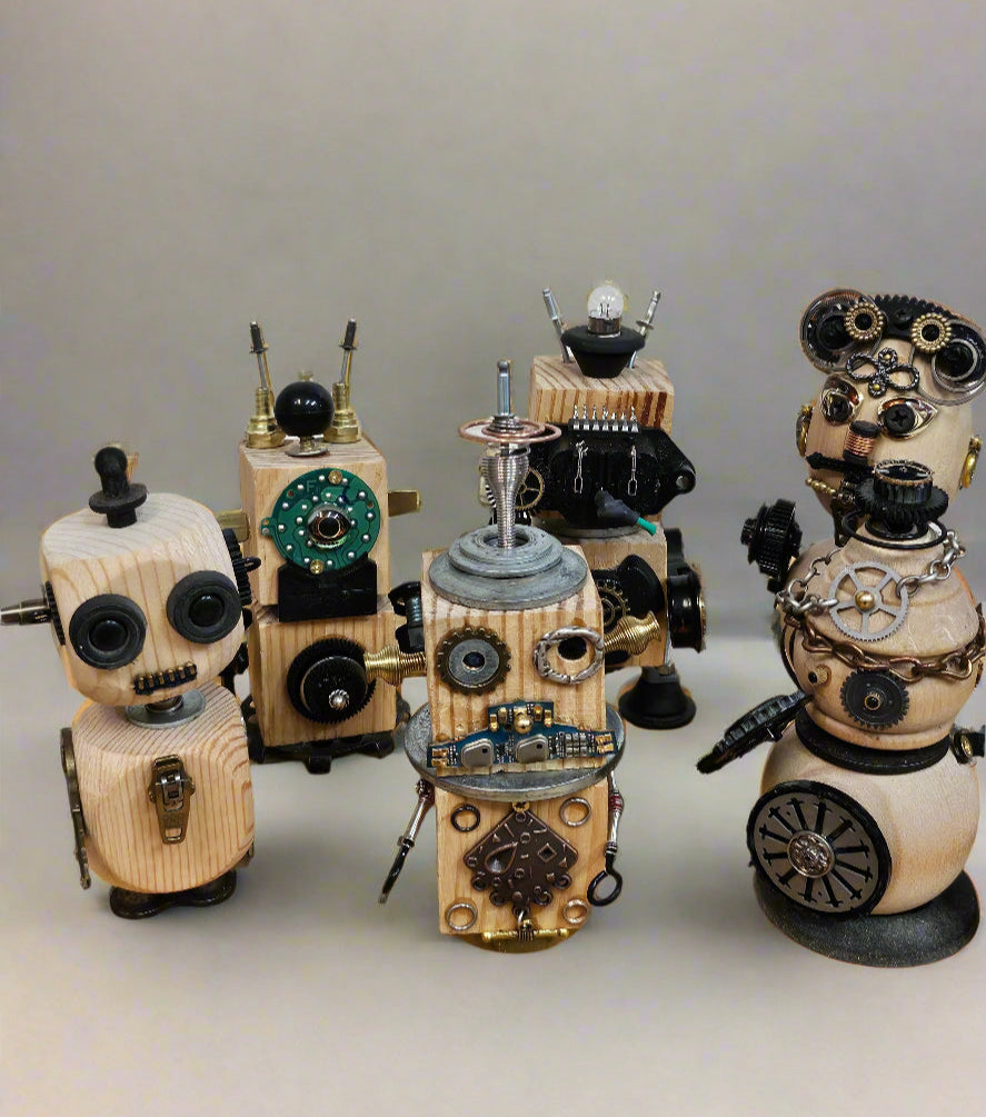 The Handmade Wood Block Steampunk Robot is a unique, decorative figurine crafted from wood with an aged, rustic look. Each robot is one-of-a-kind for display only. Includes a heart-shaped balloon. Available in various sizes, it&