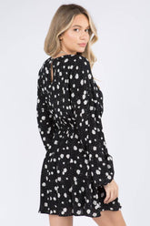 Starry Blossom Woven Dress with long sleeves, elastic waist & floral print. A chic black mini perfect for day-to-night style. Lined & lightweight.