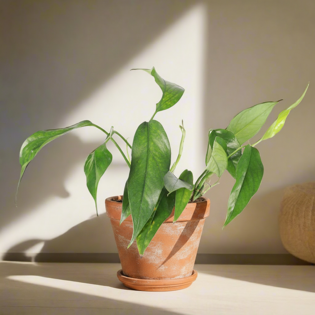 Baltic Blue Pothos (4") features blue-green fenestrated leaves. Easy care, low-light tolerant, and perfect for climbing or trailing in any indoor jungle