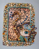Add a splash of nautical charm with Jeweled Fish Frames, featuring handcrafted aquatic motifs in high-quality beads, glass, wood, and metal. These 4" x 6" frames blend intricate craftsmanship with vintage-inspired elegance, making them perfect for walls, shelves, or gallery displays. A unique decor statement!