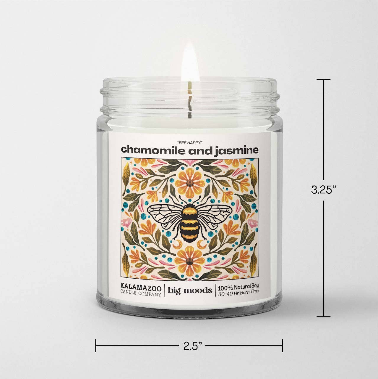 Bee Calm: A soothing soy candle with chamomile & jasmine. Vegan, eco-friendly, hand-poured for 40–55 hours of tranquil, floral-inspired calm and wellness.