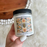 Bee Calm: A soothing soy candle with chamomile & jasmine. Vegan, eco-friendly, hand-poured for 40–55 hours of tranquil, floral-inspired calm and wellness.