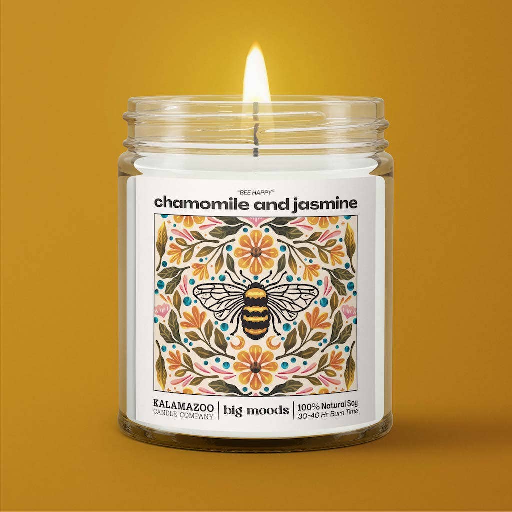 Bee Calm: A soothing soy candle with chamomile & jasmine. Vegan, eco-friendly, hand-poured for 40–55 hours of tranquil, floral-inspired calm and wellness.