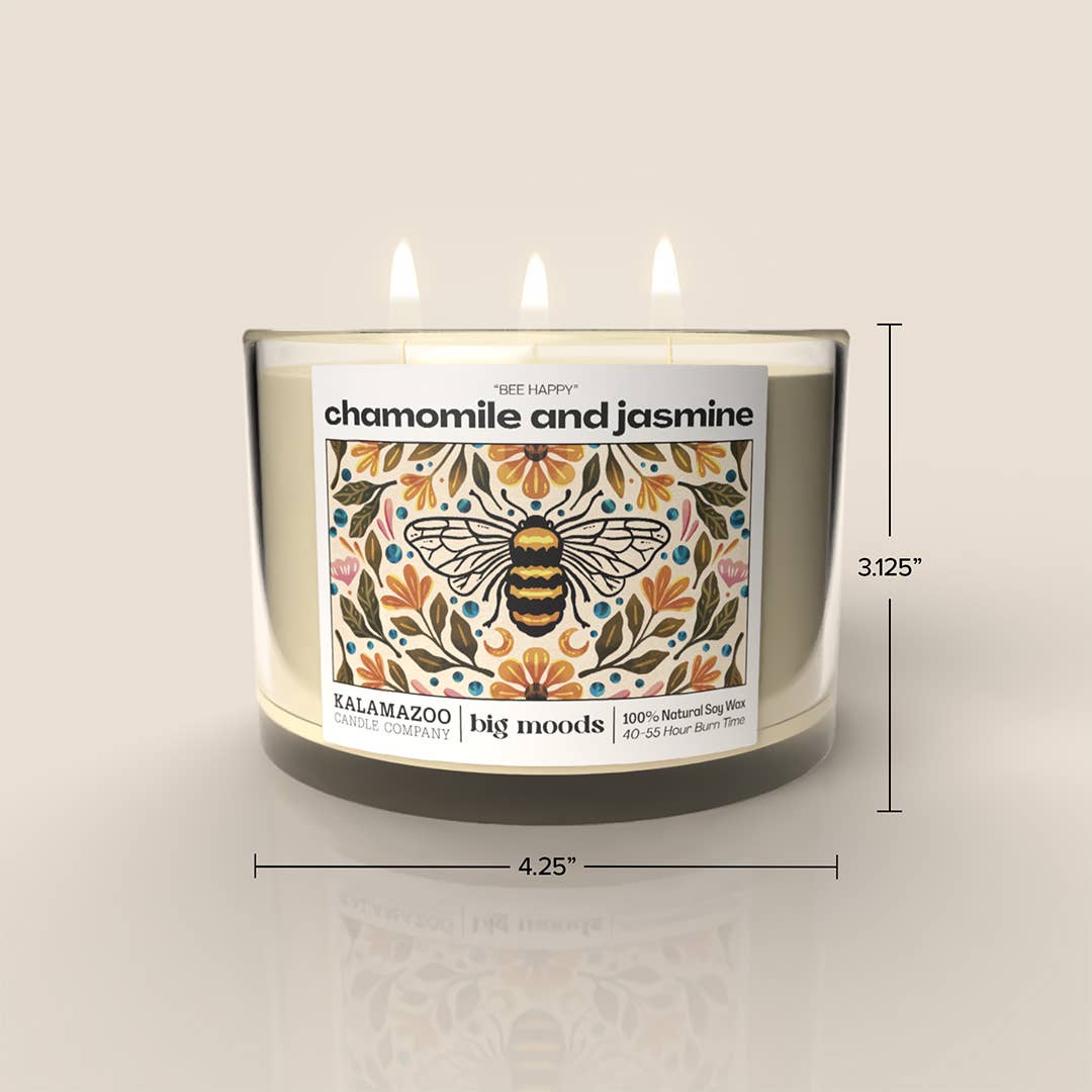 Bee Calm: A soothing soy candle with chamomile & jasmine. Vegan, eco-friendly, hand-poured for 40–55 hours of tranquil, floral-inspired calm and wellness.