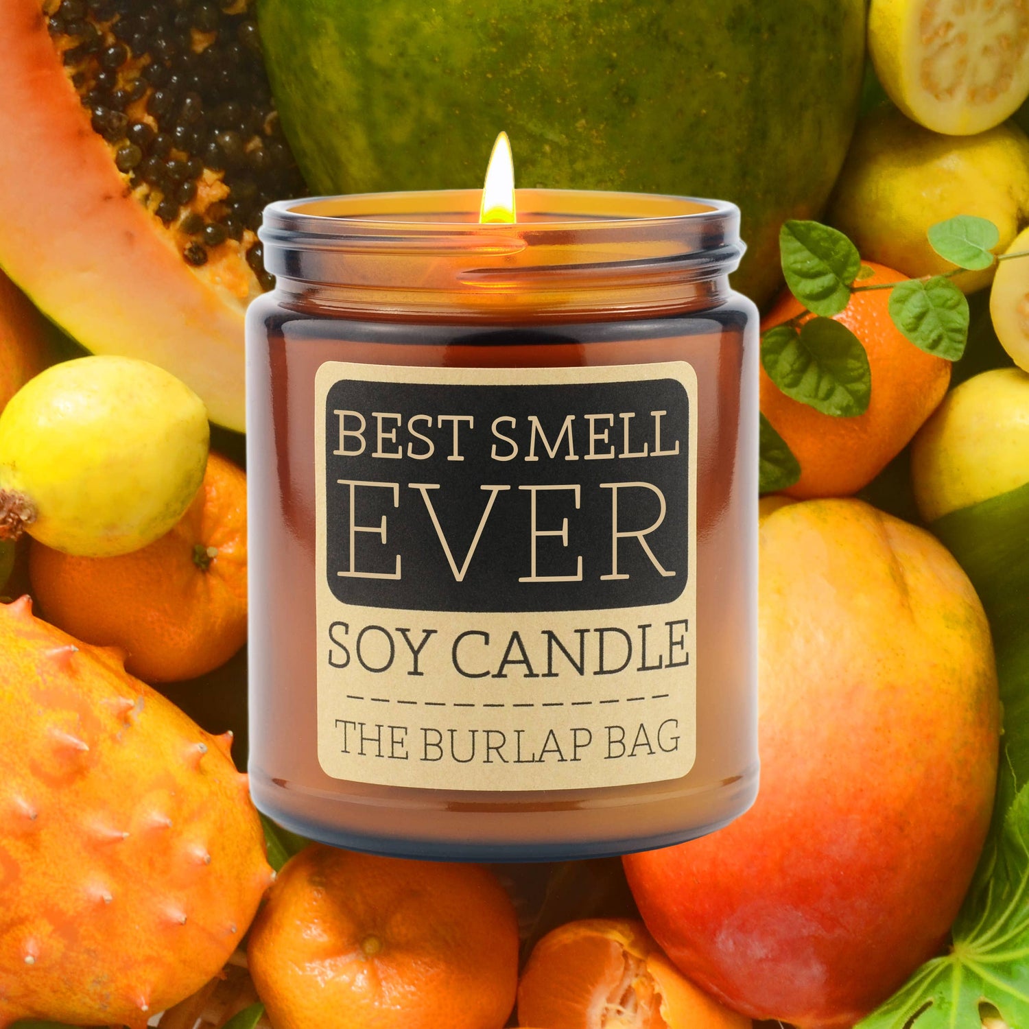 Best Smell Ever: A juicy blend of citrus, guava & papaya in a 9oz soy candle. Hand-poured in small batches, with 50+ hours of fruity, tropical bliss.