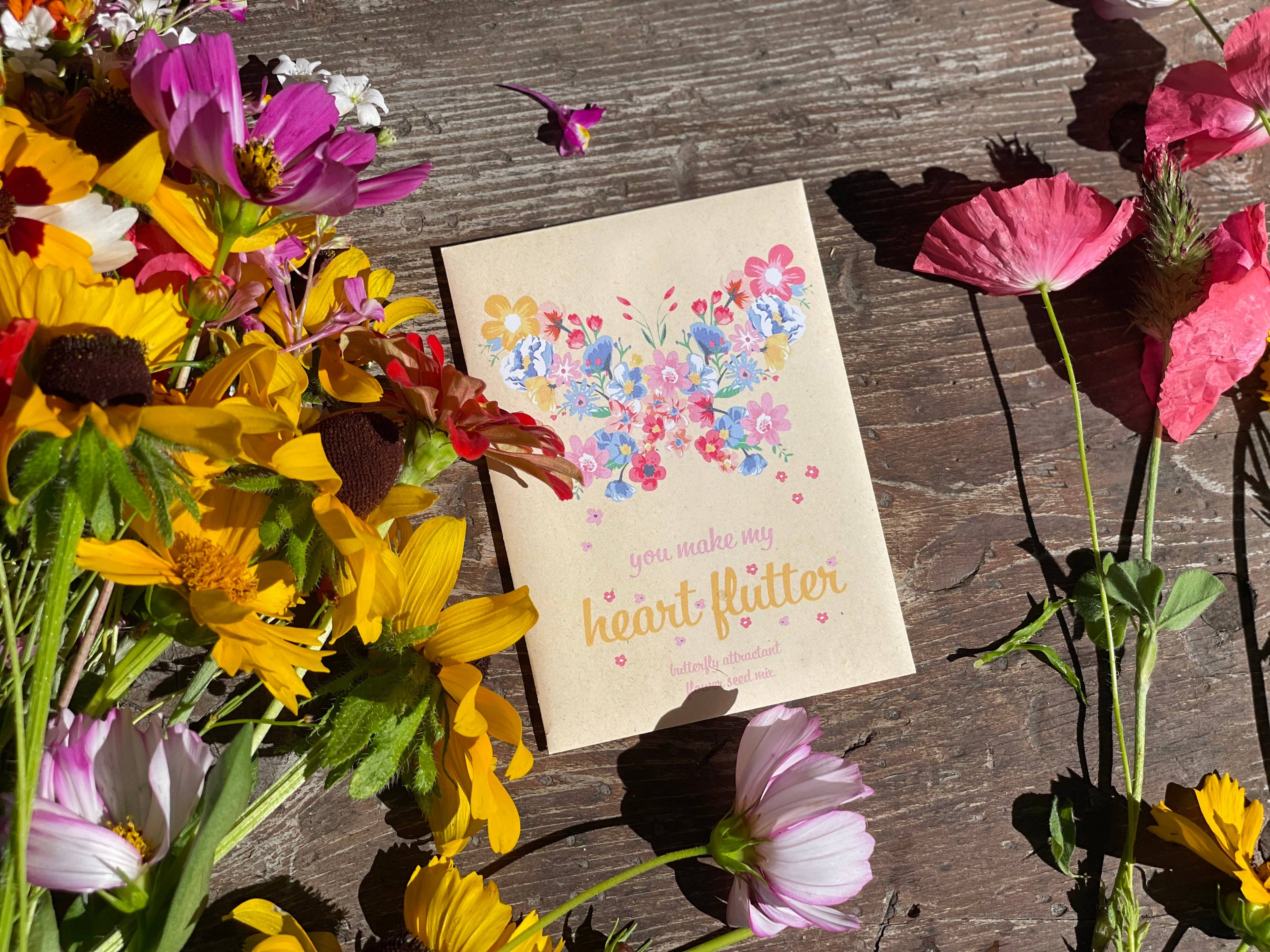 Bird & butterfly wildflower seed packets with A1 envelopes. Pollinator-friendly mix attracts bees, birds, and butterflies — a perfect giftable garden favor.