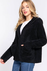 Dolman sleeve hoodie sherpa cardigan in ultra-soft 100% polyester. Warm, cozy, and relaxed fit—perfect for layering and everyday casual comfort.