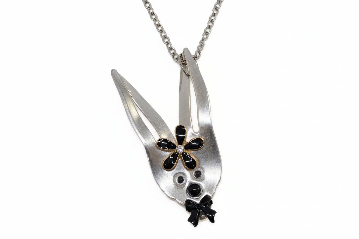 Whimsical fancy bunny pendant necklace handcrafted from vintage silverware, resin, and beads. One-of-a-kind Easter or everyday jewelry with vintage charm.
