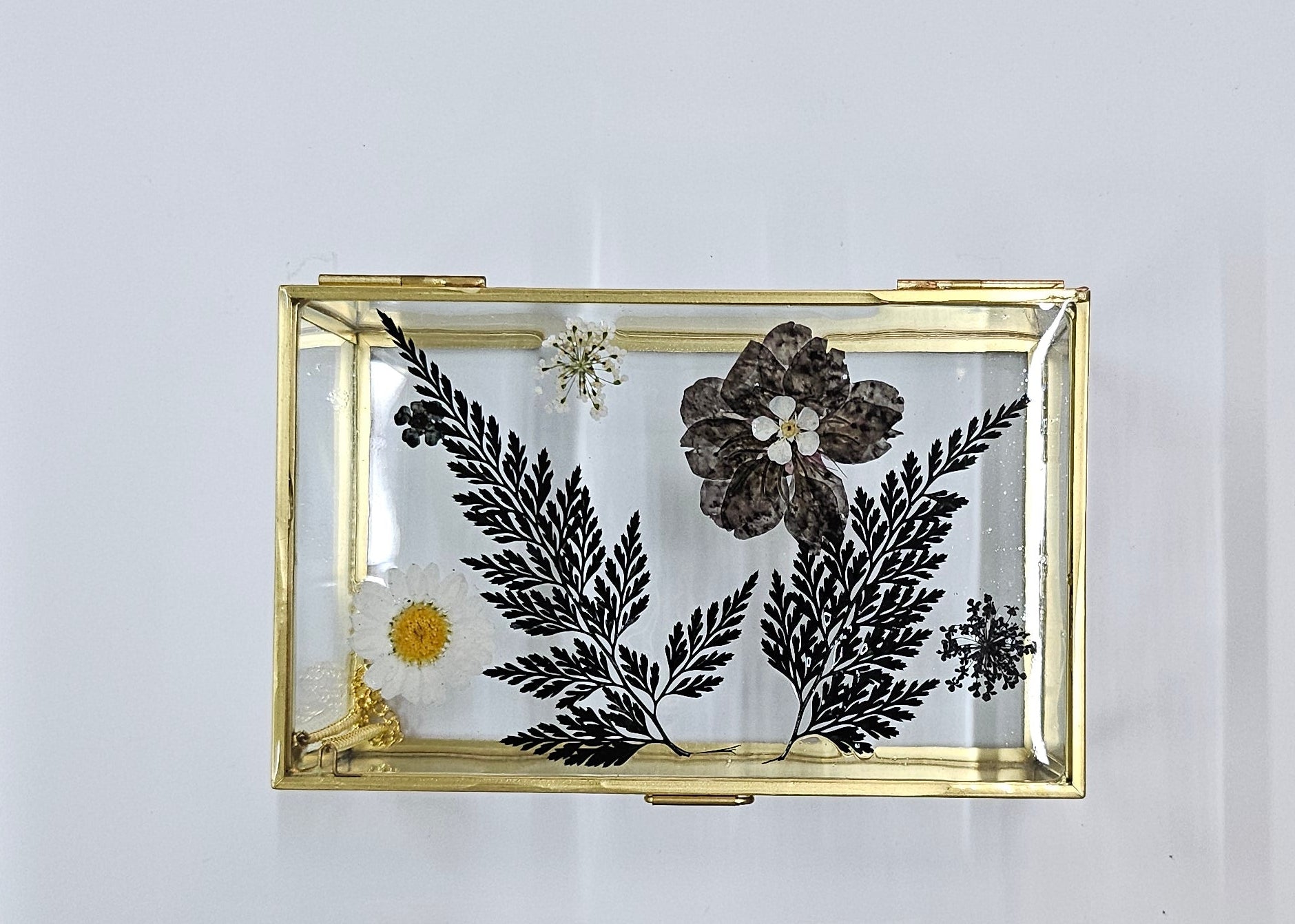 Elegant 6”x4” glass and metal display box with pressed flowers for jewelry, botanicals, and keepsakes. Perfect for showcasing small treasures in a modern, timeless style.