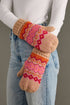 Blush, pink, orange & light pink patterned knit mittens with cozy fleece lining. Made from 100% acrylic for warmth, comfort, and playful winter style.