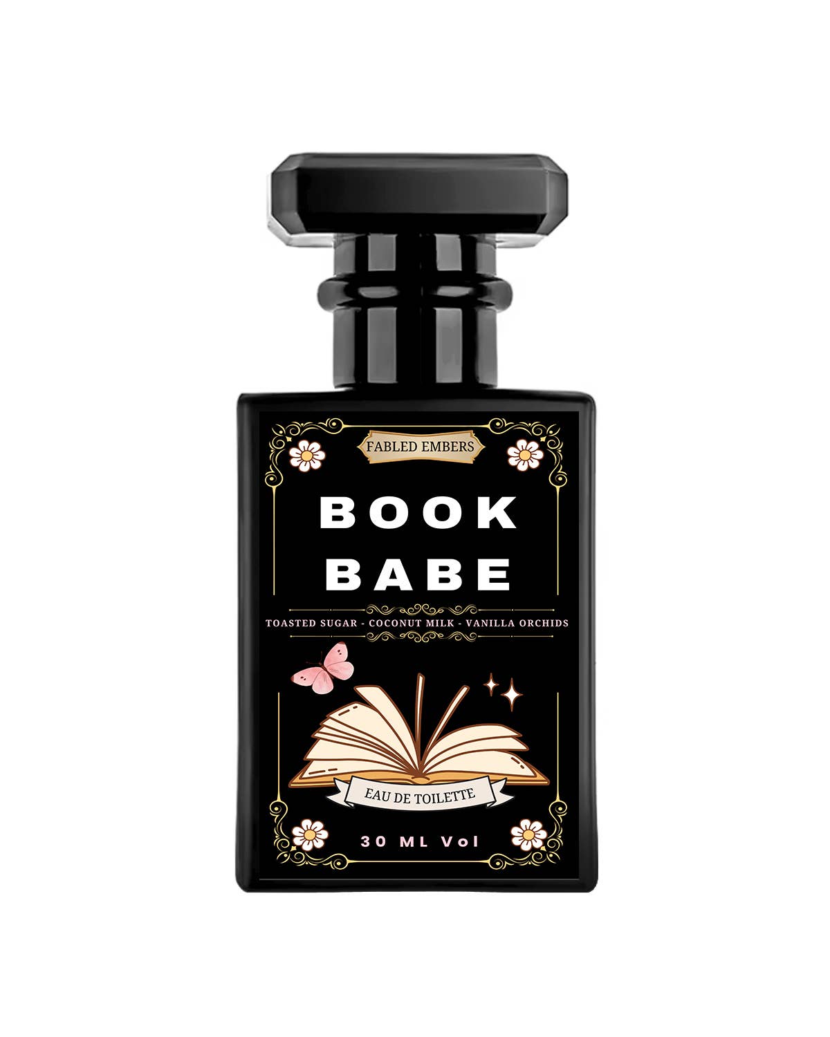 Book Babe Perfume—sweet almond cake, coconut milk, creamed sugar & powdery orchid. A flirty, cozy gourmand scent perfect for book lovers and main-character vibes.