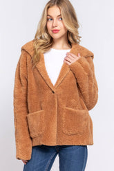 Dolman sleeve hoodie sherpa cardigan in ultra-soft 100% polyester. Warm, cozy, and relaxed fit—perfect for layering and everyday casual comfort.