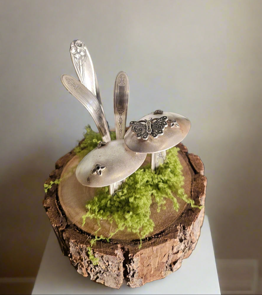 Handcrafted frog sculpture from vintage silverware, set on walnut wood with moss and crystals. A whimsical, one-of-a-kind piece for home or garden décor.