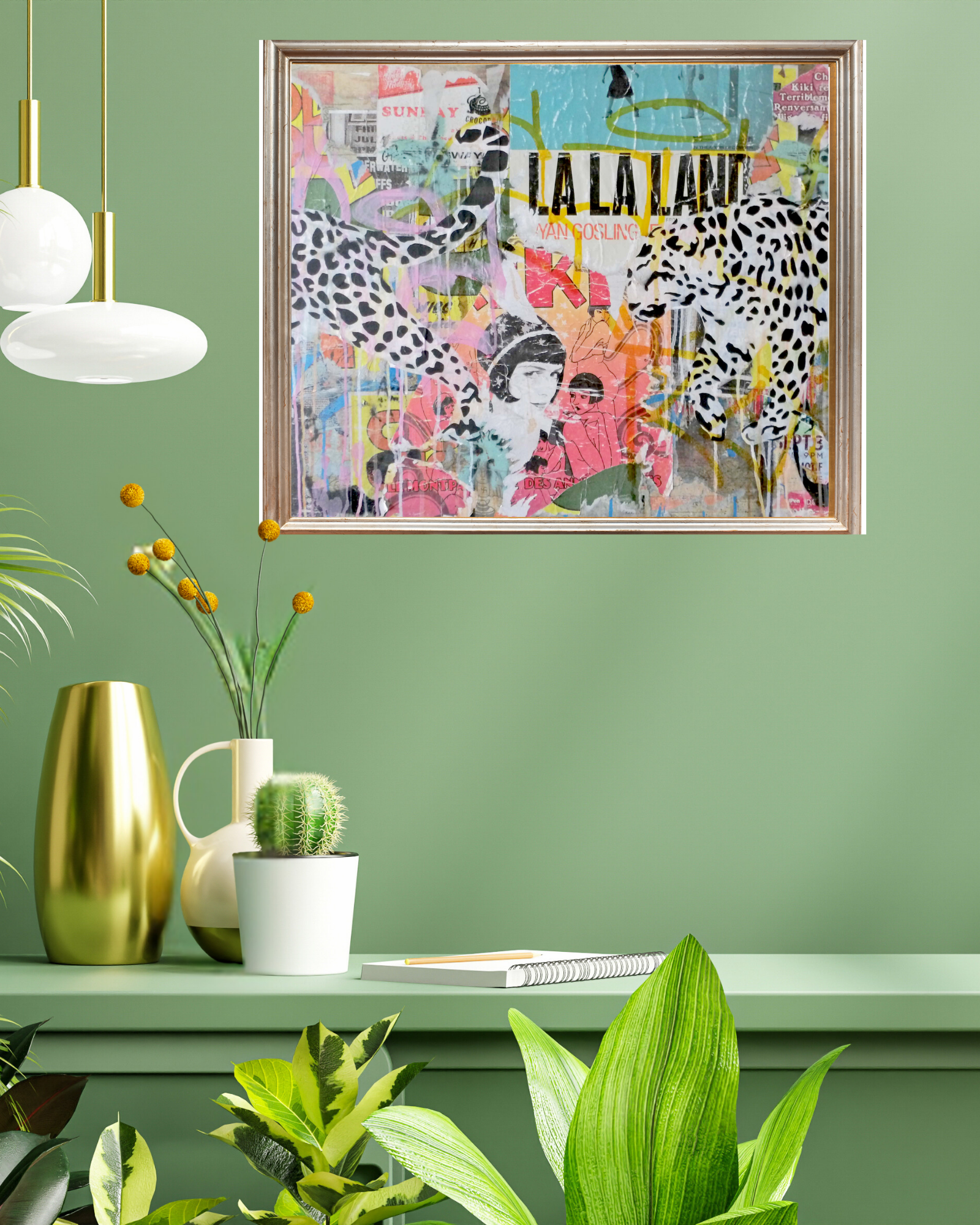 Camouflage is a 24"x36" mixed media artwork blending urban street art with nature. Featuring bold leopard silhouettes against a vibrant, layered backdrop of posters and graffiti, it explores themes of adaptation and identity. Ideal for contemporary spaces, pair it with a Bird of Paradise plant for a lively, dynamic vibe.