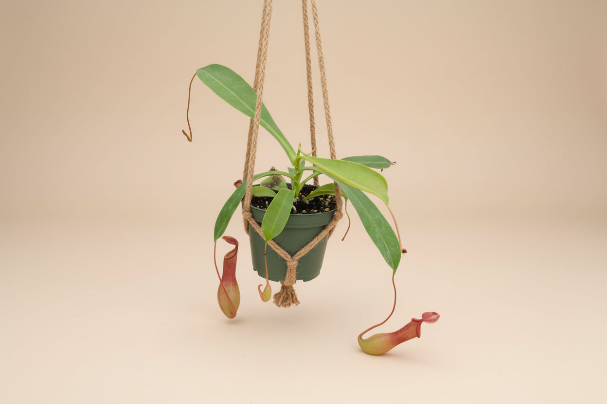 Carnivorous Nepenthes ‘Alata’ is a classic tropical pitcher plant with elegant insect-trapping pitchers, easy care, and lush rainforest appeal.