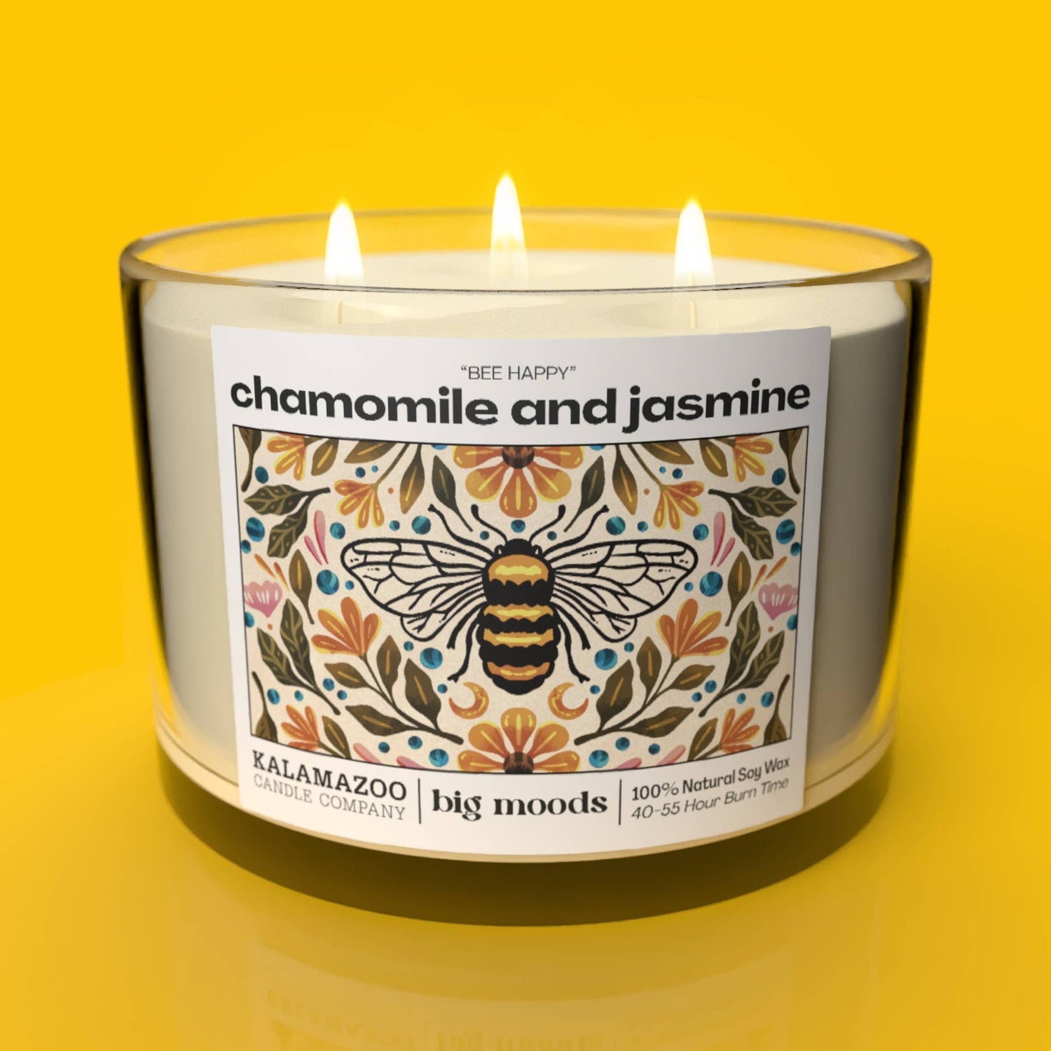 Bee Calm: A soothing soy candle with chamomile & jasmine. Vegan, eco-friendly, hand-poured for 40–55 hours of tranquil, floral-inspired calm and wellness.