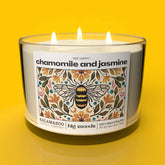 Bee Calm: A soothing soy candle with chamomile & jasmine. Vegan, eco-friendly, hand-poured for 40–55 hours of tranquil, floral-inspired calm and wellness.